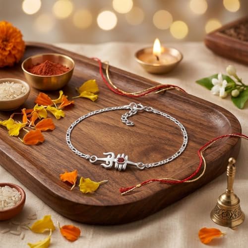 Image of Parnika 925 Pure 92.5 Sterling Silver Om Trishul Tripund Rudraksh Rakhi Bracelet for Brother | Hallmarked Silver Raksha Bandhan Rakhi | Premium Adjustable Rakhi Gift