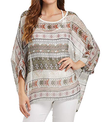 Women's Loose Batwing Sleeve Blouse Chiffon Top Floral Printed Poncho Tunic Caftan Cover up