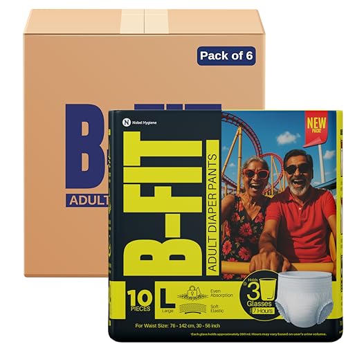 Image of B-FIT Adult Diapers Pant Style | 60 Count (Large) | Waist 30-56 inch; 76-142 cm with Wetness Indicator | Unisex | Leakproof and Elastic Waist