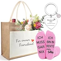 Scinzene ruhestand geschenk frauen, renteneintritt geschenk frau, Jutetasche ist mit dem Schriftzug, Socken und Schlüsselanhänger, Für immer Feierabend“ Aufgedruckt