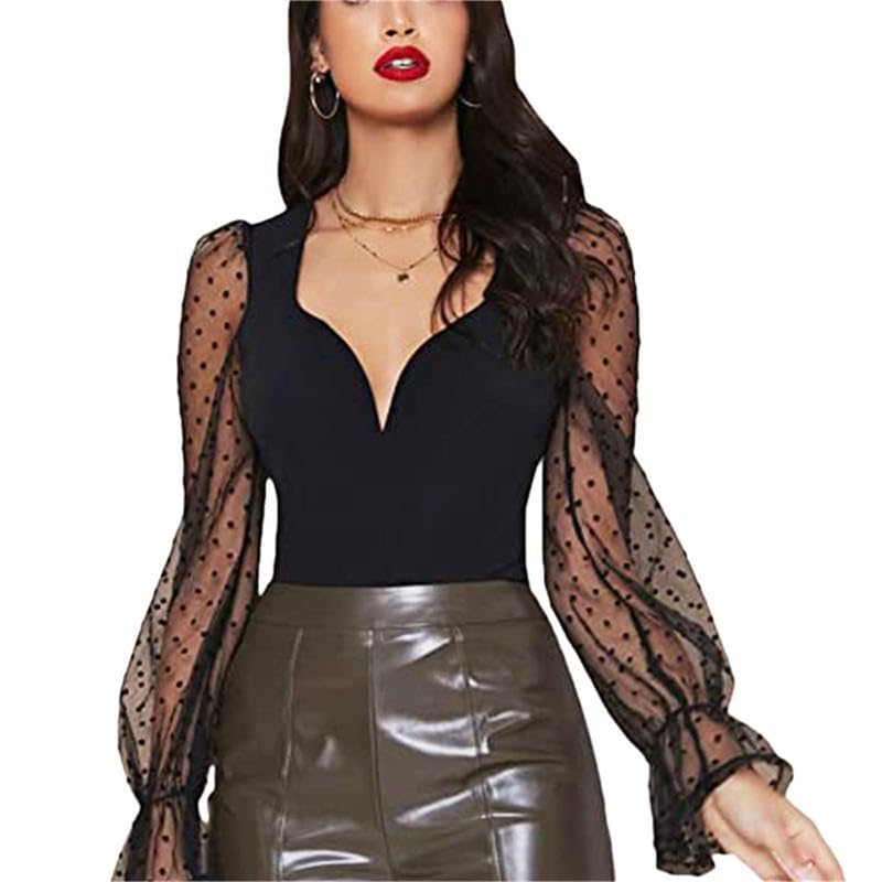 Damen Mesh Tops Langarm durchsichtig T-Shirt Top Lace Stretch Polka Dot Ballonärmel Rundhalsausschnitt transparente Bluse Streetwear