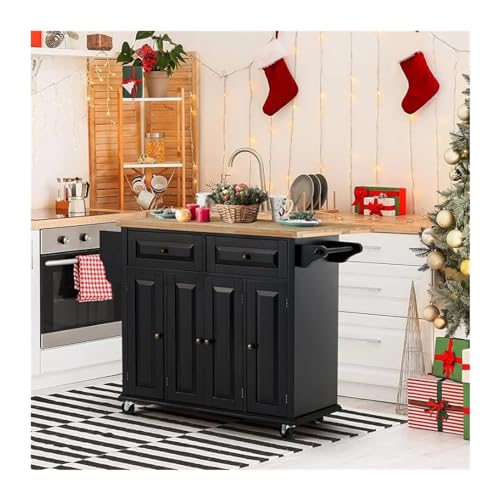 Carrito de cocina, isla de cocina, islas de almacenamiento de cocina y mesa de isla de carros para cocina con mesa de madera de goma, carrito rodante de 2 cajones