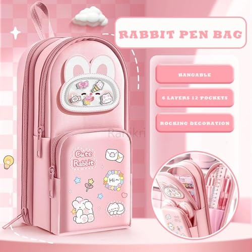 Image of Kawaii Cute Rabbit Pencil Pouch for Kids with Cute Cat Eraser Set | 6-Layer Multi-Pocket Pen Bag for Girls | School Stationery Kit Combo | Cute Bunny Design Pink Pouch