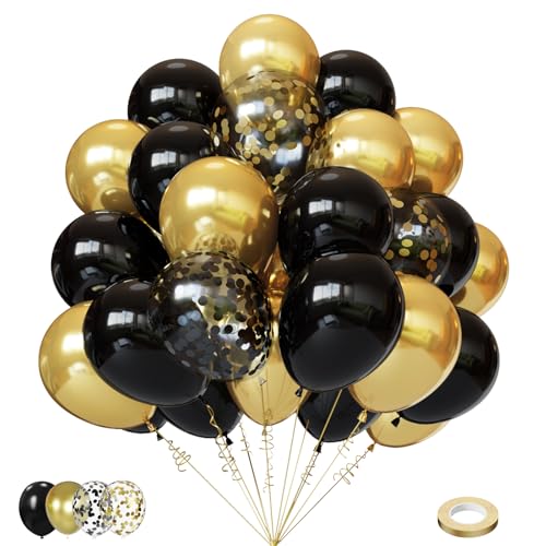 Image of Lukiituke Black and Gold Balloons,75Pcs Birthday Balloons with 12in and 5in | Latex Party Balloons for Birthday, New Years, Retirement, Wedding, Graduation Decorations