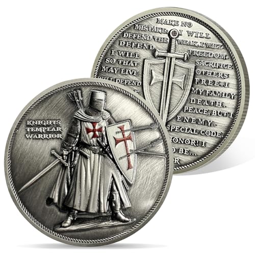 AtSKnSK Pièce de défi des Templiers Chevalier debout Pièce religieuse Croix-Rouge Guerrier Jeton Médaillon chrétien du Christ Croix-Rouge Cadeaux...