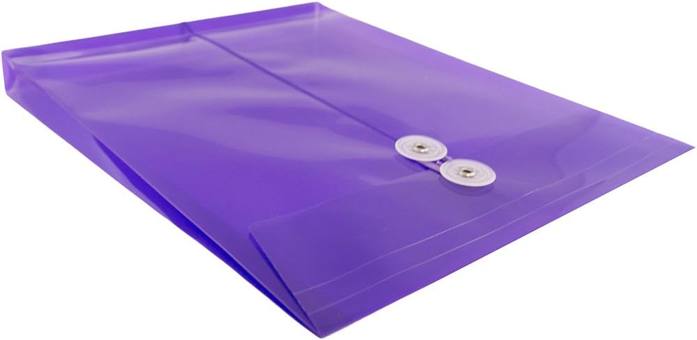 JAM PAPER Plastic Envelopes with Button & String Tie Closure - Letter Open End - 9 3/4 x 11 3/4 - Purple - 12/Pack