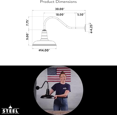 Miniatura 3 de Steel Lighting Co. Topanga - Luz de granero  Sensor de atardecer a amanecer  Montaje en pared al aire libre  Cúpula de 14 pulgadas  Cuello de cisne