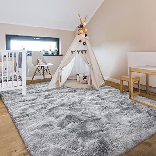 Hutha 6X9 Large Area Rugs For Living Room, Super Soft Fluffy Modern Bedroom Rug, Tie-Dyed Light Grey Indoor Shag Fuzzy Carpets For Girls Kids Nursery Room Home Decor #TOP3