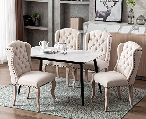 Kmax Tufted Dining Chairs Fabric Accent Chairs For Living Room Mid Century Modern Armless Dining Chair With Wood Legs Nailhead Trim For Kitchen Set Of 4, Cream #TOP13