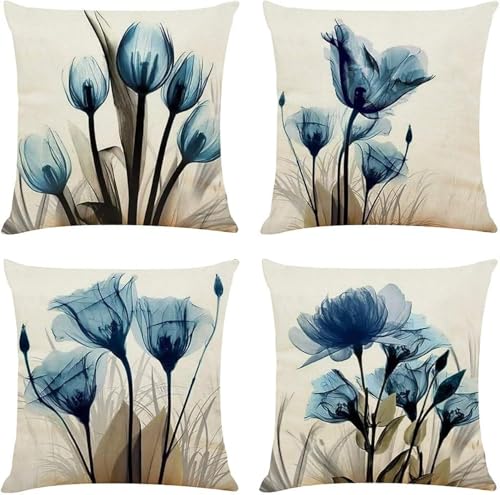 TIDWIACE Set of 4 Floral Printed Cushion Covers 40 x 40 cm,Square Modern Throw Pillow Cases for Outdoor Garden Bench Living Room Sofa Farmhouse Decor 16x16