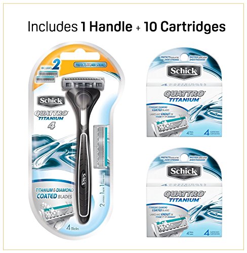 Schick Quattro Titanium 4 - Four Blade Razor Shaving System- Value Pack (10 Cartridges + 1 Handle)
