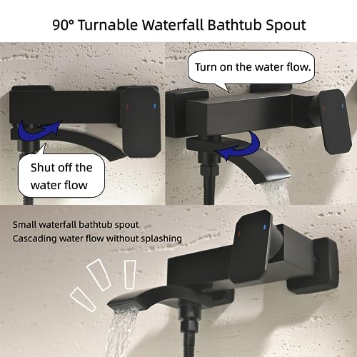 Grifo de bañera de montaje en pared con ducha de mano de 3 funciones | Grifería para bañera cuadrada de acabado negro mate con rociador portátil y grifo plegable alargado miniatura 5