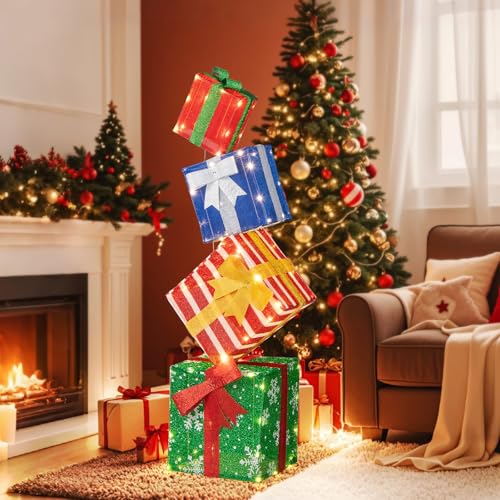 Tangkula 4 FT Lighted Stacked Gift Boxes, Light up Box