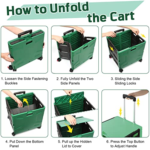 Image of FELICON Folding Utility Cart Rolling Crate Handcart with Durable Heavy Duty Plastic Telescoping Handle Collapsible Hidden Lid 4 Rotate Wheels for Travel Shop Move Office Teacher Use(Dark Green&Black)