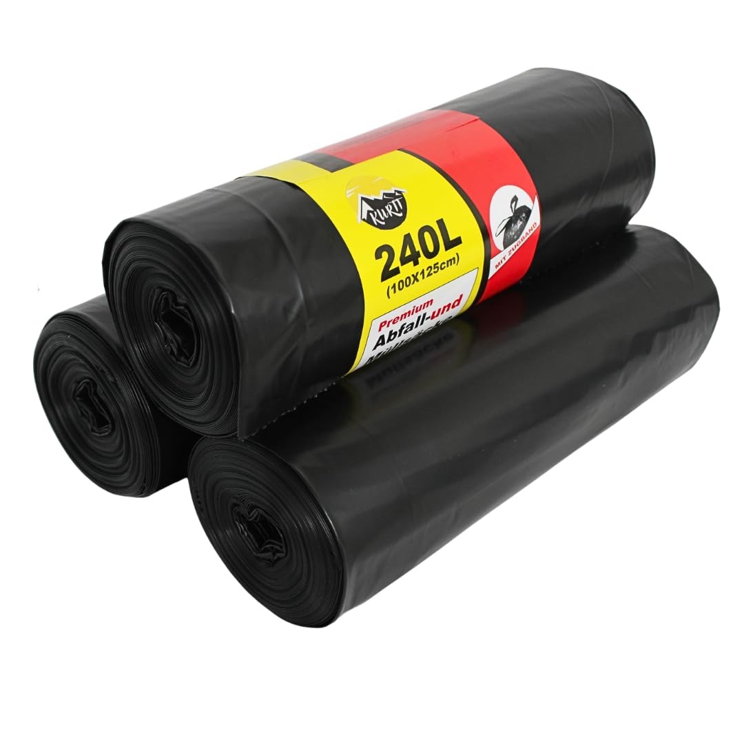 KURTT -100 Stück Reißfeste Müllsäcke | extra starke Abfallsäcke | 70 Micron | stabile Müllbeutel, verschiedene Größen und Farben erhältlich. (Schwarz, 240L)