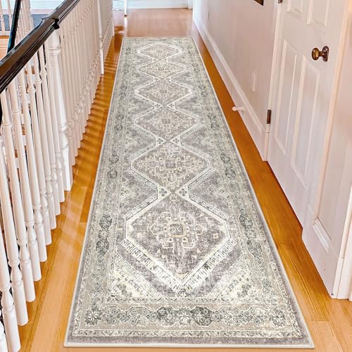 KUTA Vintage Washable Rug Runners 3x10, Ivory Grey Yellow Long Hallway Kitchen 10ft Rugs with Rubber Backing, Non-Slip Soft Printed Oriental Medallion Carpet for Entryway Dining Room