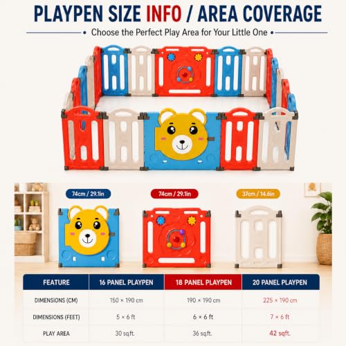 Image of 20 panel Playpen for Babies upto 5 year with Mat and Balls Foldable Baby Play Area Indoor Setup Play Yard Fence for Toddlers Kids Playarea Setup Outdoor Children Play Pen with Gate Baby Playpen (6.2 x 7.5 ft=47 SQFT Multicolor)