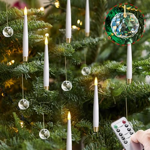 Yeelida Pack of 12 Flickering Remote 0.5 x6 LED Short Taper Candles with 12 Crystal Ball Hooks Battery Operated Timer Window White Plastic Flameless Warm Light Candlesticks for Holiday Decor