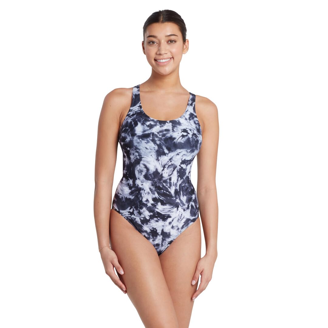 Zoggs Marble Powerback Women Black 44 Ecolast+ Swimsuit