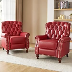 HULALA HOME Genuine Leather Recliner Chair Set of 2 wSolid Wood Feet Modern Adjustable Tufted Push Back Arm Chair wRivet Decoration Home Theater Seating Reclining Sofa for Living Room RED