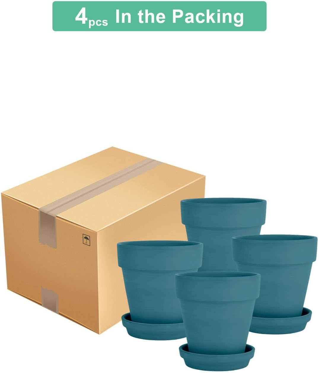 vensovo 6 Inch Steel Blue Terracotta & Clay Pots for Plant with Saucer - 4 Pack Medium Terra Cotta Planter with Drainage Hole, Flowerpot for Indoor Outdoor Plants, Crafts, Wedding Favor