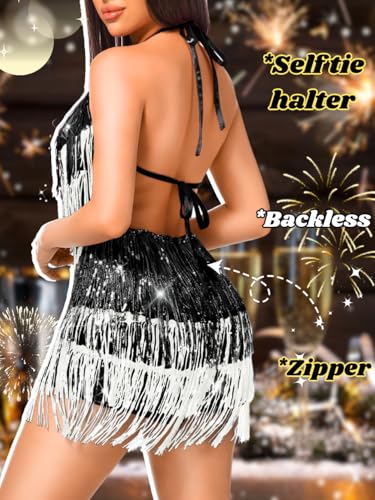 Image of Kaei&Shi Sequin Fringe Romper,Sparkly Glitter Metallic Jumpsuits For Women,Backless Shorts Dress Disco Birthday Dance Outfit