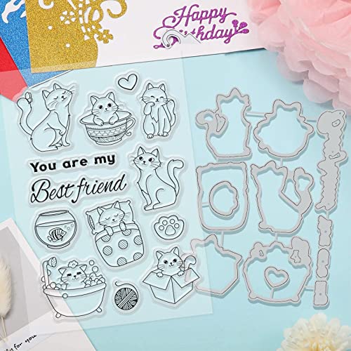 BENECREAT 2pcs Clear Stamp and Cutting Die, Cat Pattern Stamps and Dies for Card Making Cat Bathing - Image 4