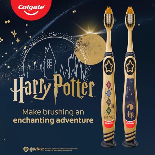 Image of Colgate Harry Potter Kids 6+ Years Toothbrush Set of 2| Ultra Soft Bristles | White, Gold and Black Bristles, Raised Tip to Clean Hard Reach Areas, Suction Cup
