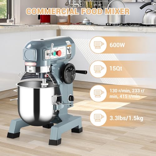 Image of Commercial Food Mixer 15Qt, Heavy Duty Commercial Stand Mixer with 3 Speeds Adjustable, 660W Electric Dough Mixer with Stainless Steel Bowl, Dough Mixer Timing Function for Bakeries Pizzerias