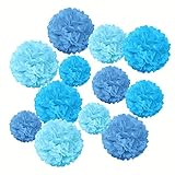 Blue Paper Pom Poms,Blue Tissue Pom Poms Hanging Decorations,Blue Party Decorations(12 PCS)