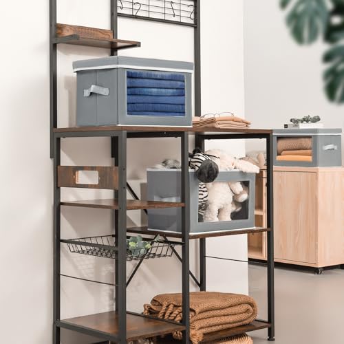 Image of Homsorout Stackable Storage Bins with Lids - Medium Storage Box with Lids, Foldable Closet Boxes for Organizing, Wardrobe Clothes Organizer with Window, Cubes Bins for Living Room, 5 Pack, Grey