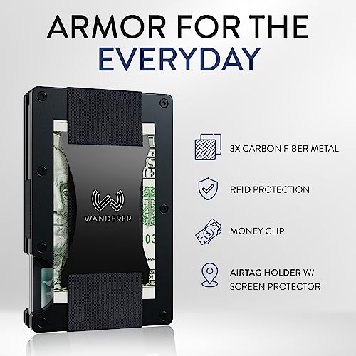 WANDERER WALLET Airtag Wallet - Slim Wallet with AirTag Holder & Durable Carbon Fiber Metal Wallet with Money Clip - Minimalist Wallet for Men/Women - RFID Blocking for Credit Card ID2