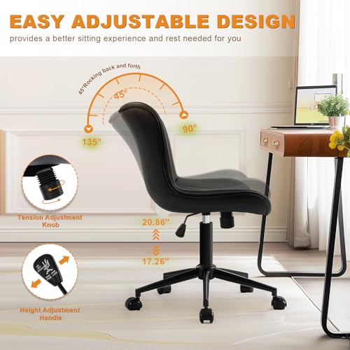 Image of Armless Office Chair, Height Adjustable Desk Chair with Wheels, Ergonomic Comfy 360 Swivel Home Office Computer Task Chair, Faux Leather Padded Cute Vanity Chair,Black