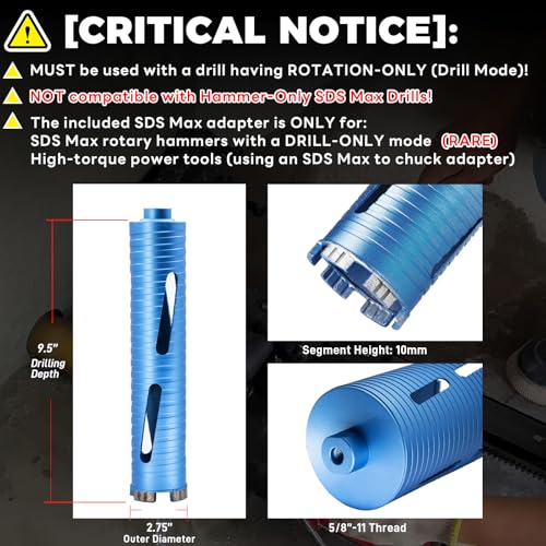 Image of 2 3 /4 inch Dry Core Drill Bit for Brick and Block with 3 Adapters Included: SDS Max, SDS Plus and 1 /2 inch Hex Shank, 5 /8 inch-11 Thread, 9.5 inch Drilling Depth for Concrete, Brick, Stucco,Masonry (2.75 inch)