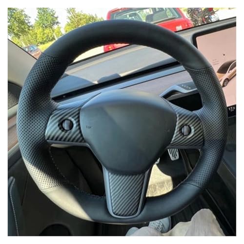 ステアリングホイールカバー ステアリングホイール編み込み滑り止め人工皮革製カーステアリングホイールカバー に適合するテスラ モデル3 2017-2020 カーアクセサリー(Light Blue Thread)