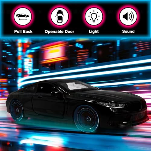 Image of Exclusive Alloy Metal Pull Back Die-Cast Car Diecast Metal Pullback Toy Car with Openable 6 Doors,Light Music Boys Gifts Toys (1:32 B-M-W M8 - Black Color)