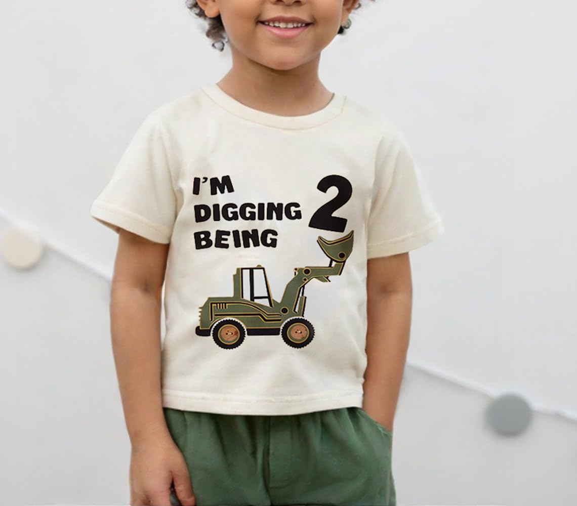 Bagilaanoe Summer 2nd/3rd Birthday Outfit Toddler Baby Boy Birthday Clothes Tractor Short Sleeve T-Shirt Top and Shorts Set (Khaki 2, 2-3T)