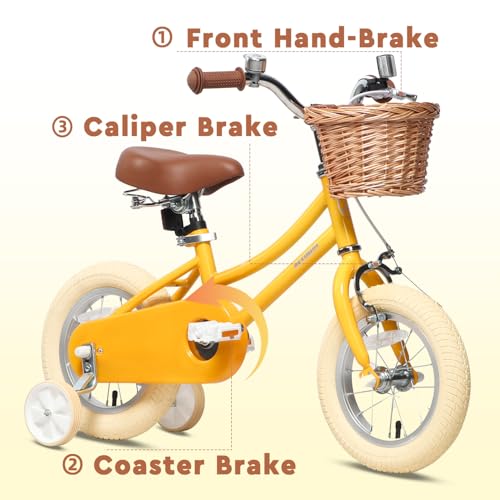 Image of Petimini Vintage Kids Bike for Girls, 12-20 Inch Classic Bicycle with Wicker Basket & Bell, High Tensile Steel Frame, Training Wheels (12-18 inch), 85% Pre-Assembled, Retro Bike for Outdoor Riding
