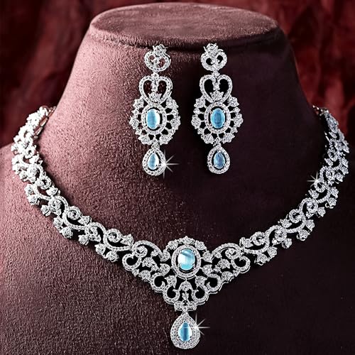 Image of ASMITTA Rhodium Plated Choker Jewellery Set for Women Girls | Silver Toned White & Baby Pink CZ American Diamond Necklace Earrings Combo | Stylish Contemporary Jewelry for Wedding Party
