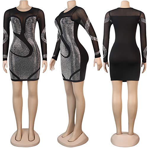 Image of PORRCEY Women's Sexy Elegant Rhinestone Mesh Party Club Night Mini Dress