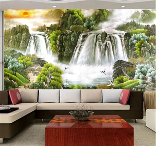 XLMING Rouge Lever De Soleil Ciel Haute Montagne Cascade 3D Papier Peint Texture Soyeuse Intissé Salle à Manger Bureau D'étude Canapé Chambre Salon TV...