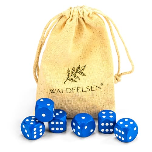Waldfelsen 6, 12, 20, 30 o 50 dados de madera de haya auténtica de alta calidad, dados de juego de madera en cubos estándar de 16 mm, con bolsa de tela, juego de dados (azul, 6 unidades)