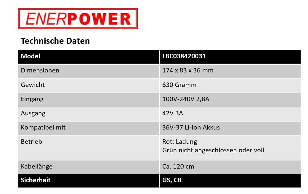 Enerpower Caricabatterie agli ioni di litio 36V Sostituisce Derby Cycle Impulse 3A -XLR-4 per Kalkhoff