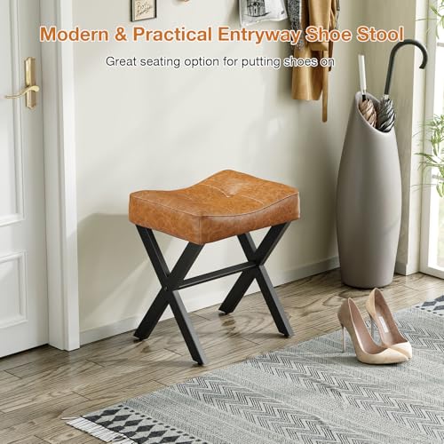 Image of Memobarco 18-Inch Leather Vanity Stool Chair, Vanity Bench with Metal X-Leg, Ottoman Accent Stool with Thick Padded Saddle Seat, Brown