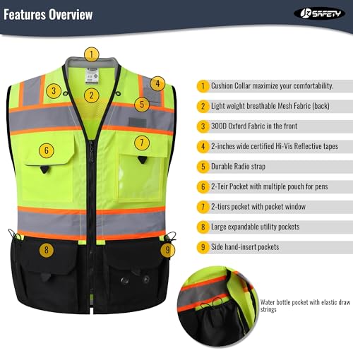 Jksafety JK188-AC151530-US02 Hi-Vis Unisex Surveyor Safety Vest Heavy Duty Ppe Inner Pockets Ansi/Isea Compliant  thumb #3