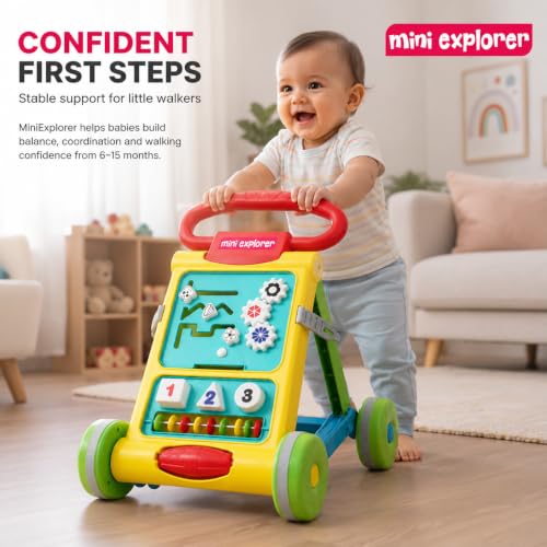 Image of MiniExplorer Baby Activity Walker for 6-15 Months, Foldable Push Walker for Babies, Toddler Learning Walker with Activity Panel, Walker for Boys & Girls, Anti-Slip Wheels & Interactive Toys - Yellow