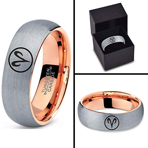Horoscope Zodiac Astrology Aries Ring - Tungsten Band 8mm - Men - Women - 18k Rose Gold Step Bevel Edge - Yellow - Grey - Blue - Black - Brushed - Polished - Wedding -Dome Flat Cut4