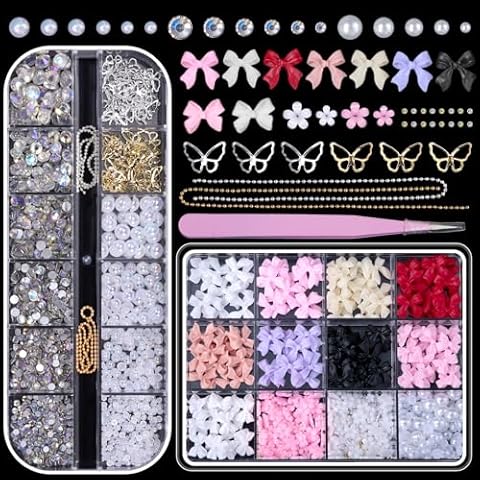 2 Boxes Mixed 3D Nail Charms and Rhinestones, Color Bows Bowknots Flowers Acrylic Nail Art Charms, Flatback Pearl AB Nail Gems Charms DIY Nail Art Accessories for Christmas Day Cover