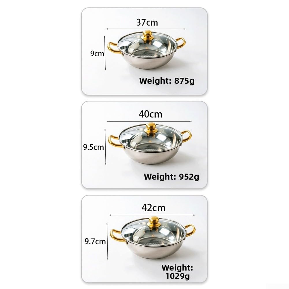 Set di pentole non wok in acciaio inox 201 con coperchio in vetro, per fornelli elettrici a induzione, finitura dorata, doppi manici (40 x 9,5 cm)