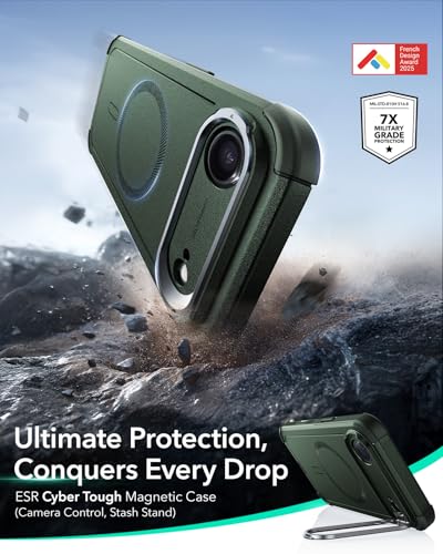 Image of ESR for iPhone Air Case with Stand, 23ft Military-Grade Drop Protection, Camera Control, Shock-Absorbing iPhone 17 Air Rugged case, Compatible with MagSafe Accessories, Cyber Series, Green